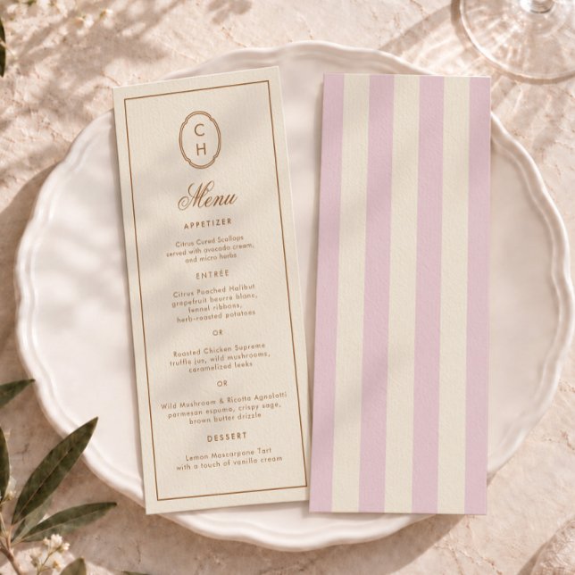 Invitation Menu de mariage long monogrammé rayé rose tendre (Créateur téléchargé)