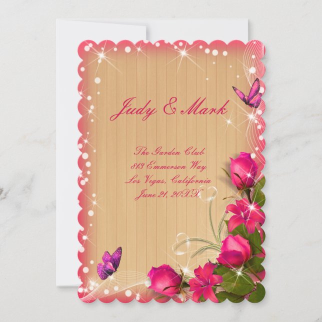 Invitation Menu de mariage papillon floral rose en bois rusti (Devant)