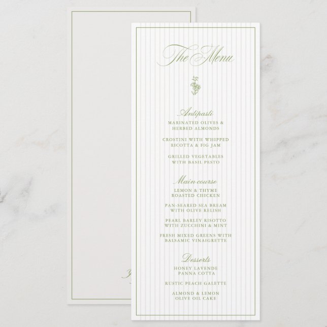 Invitation Menu de mariage rayé vert sauge et beige classique (Devant / Derrière)