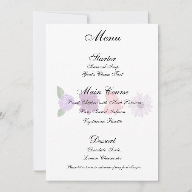 Invitation Menu de mariage romantique aux fleurs sauvages et  (Devant)