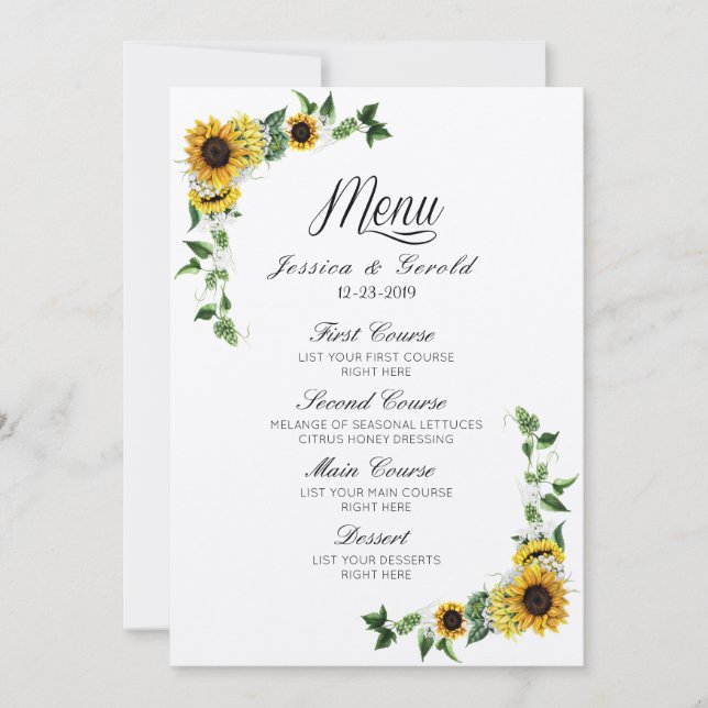 Invitation Menu de mariage rustique de grange avec tournesols (Devant)