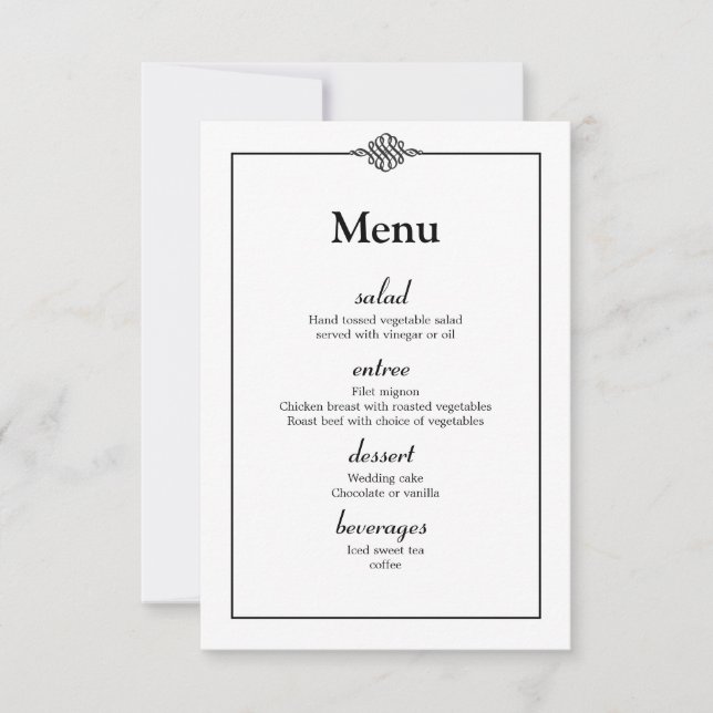Invitation Menu de mariage simple et élégant noir et blanc (Devant)