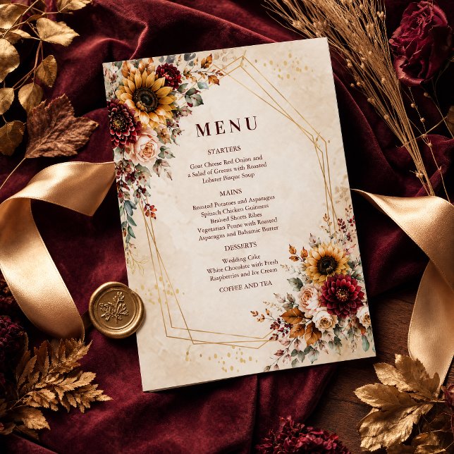 Invitation Menu de mariage tournesol Bourgogne d'automne (#weddingmenu #weddinginvitation #autumndinner #sunflowersinvitation #burgundymenu #menuinvitation)