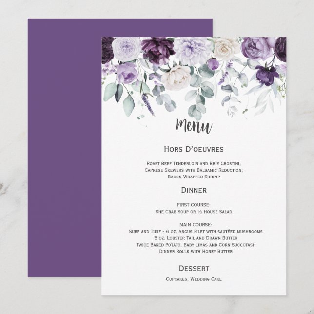 Invitation Menu de mariage violet foncé, lavande et blanc (Devant / Derrière)