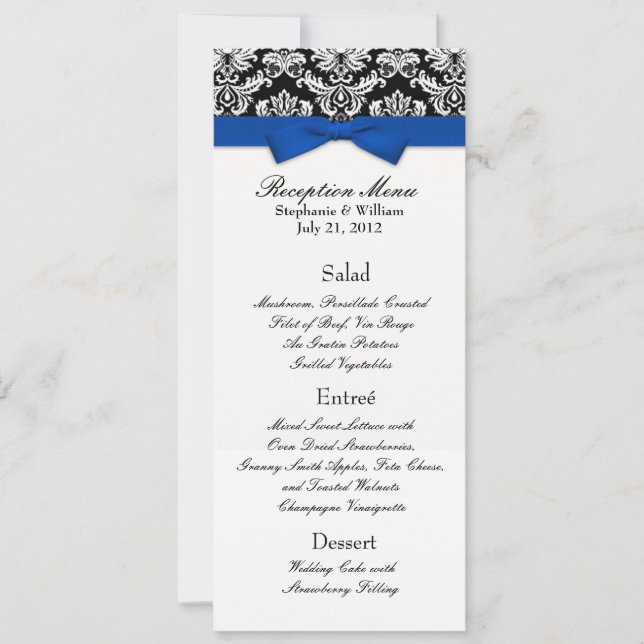 Invitation Menu de réception de mariage avec ruban bleu et da (Devant)
