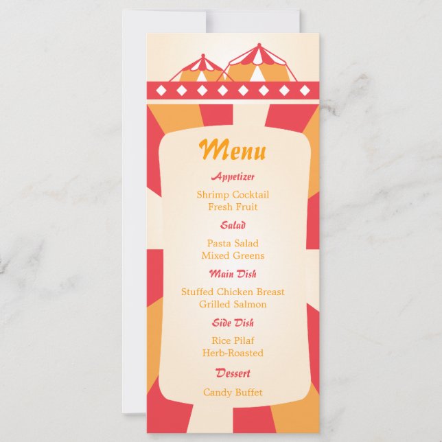 Invitation Menu de réception de mariage cirque - Rouge et ora (Devant)