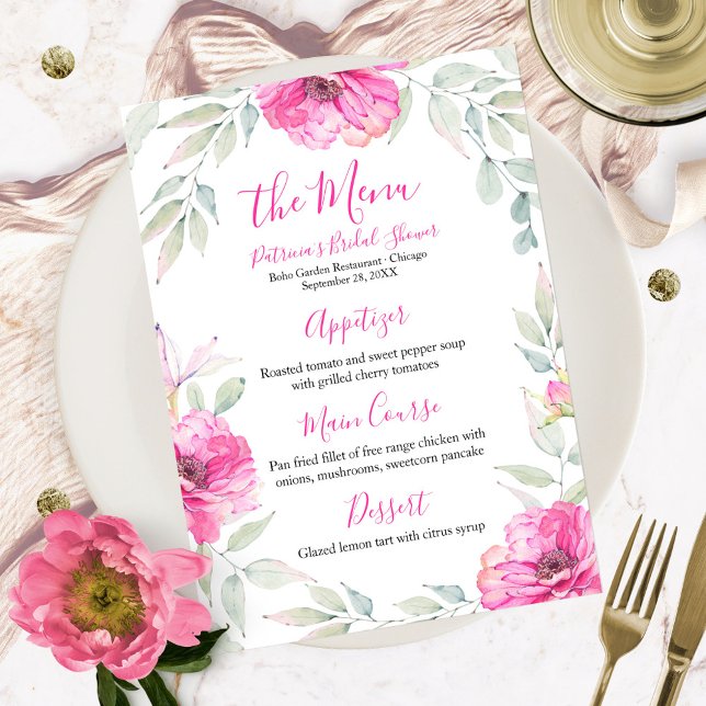 Invitation Menu de Réception de Mariage Fleurs Aquarelles Ros (Créateur téléchargé)