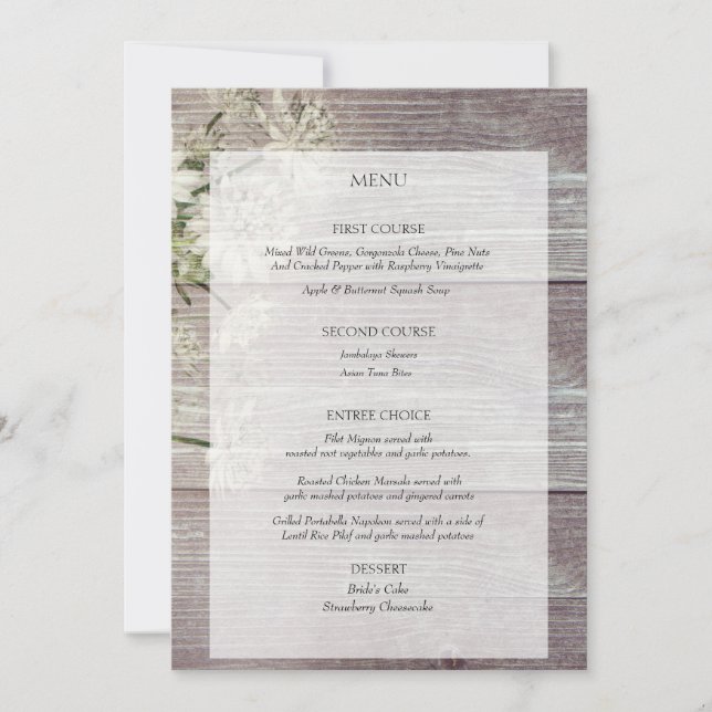 Invitation Menu de réception de mariage floral en bois gris d (Devant)