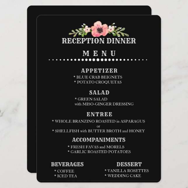 INVITATION MENU DE RÉCEPTION DE MARIAGE PERSONNALISABLE (Devant / Derrière)