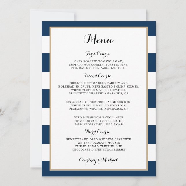 Invitation Menu de réception de mariage rayures bleu marine g (Devant)