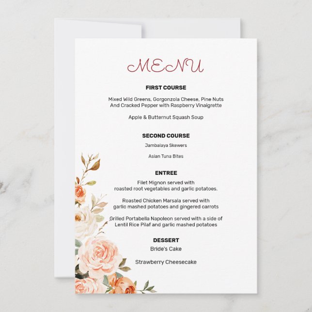 Invitation Menu d'entrée floral rose et pêche 2 (Devant)