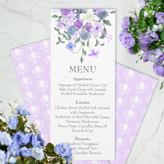 Invitation Menu Dîner Bouquet Rose bleu clair violet (purple lavender light dusty blue wedding reception dinner menus, rose bouquet, springtime summer )
