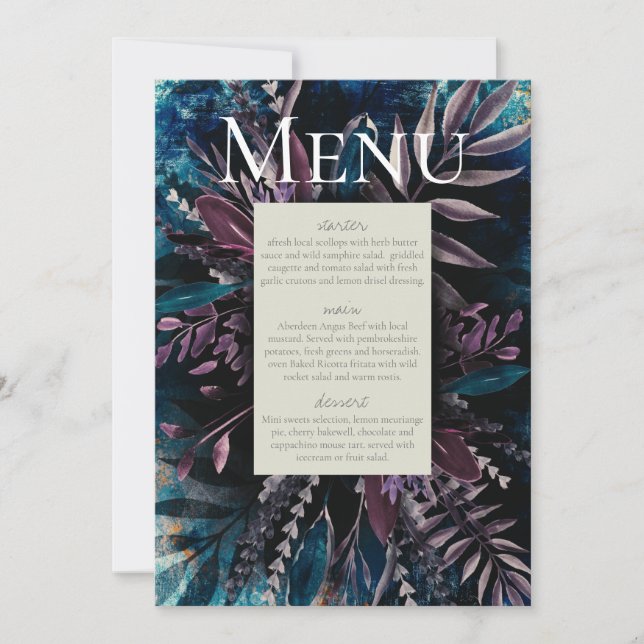 Invitation Menu du bouquet de feuillages peints en bleu (Devant)