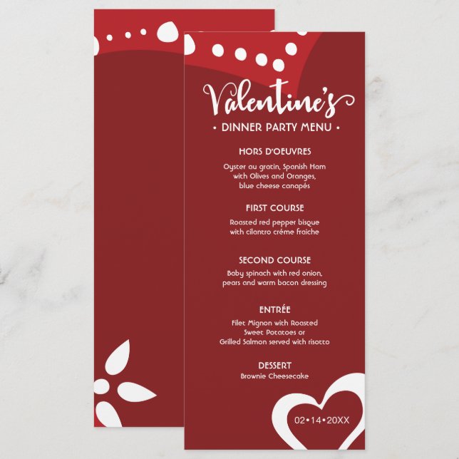 Invitation Menu du dîner de la Saint-Valentin sur mesure (Devant / Derrière)