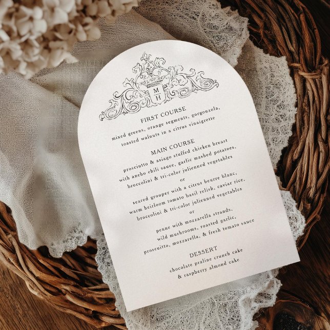 Invitation Menu du dîner Mariage noir et blanc d'antiquité (Créateur téléchargé)