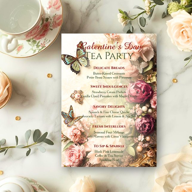 Invitation Menu du thé de Galentine du jardin papillon Rococo (Créateur téléchargé)