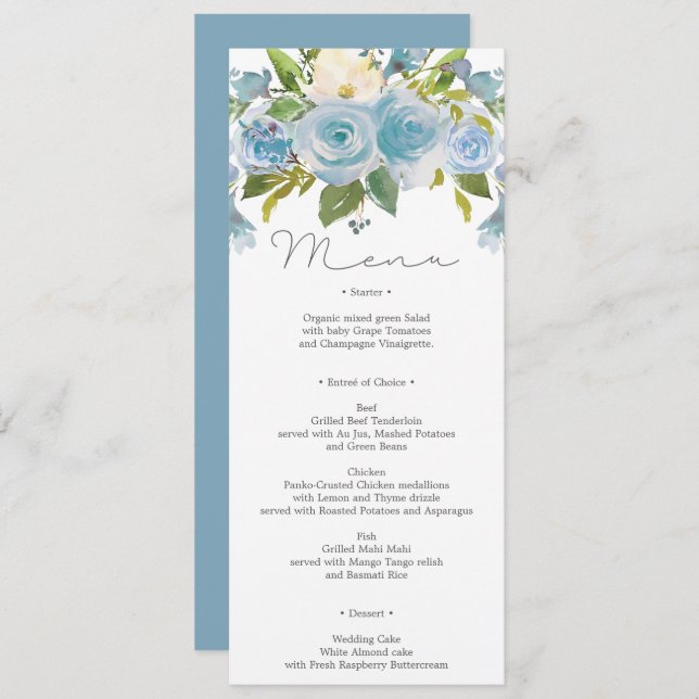 Invitation Menu Dusty Blue Floral Mariage ou Menu Douche (Devant / Derrière)