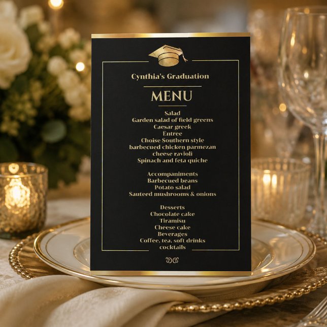 Invitation Menu élégant de dîner de remise des diplômes noir  (#menuinvitation #menugraduationinvitation #graduationblackgoldinvitation #goldcapgraduation #modern)