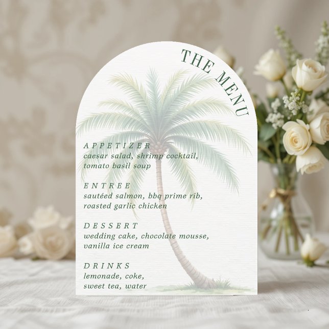 Invitation Menu en arc aquarelle de l'île tropicale aux palmi (Palm Tree Tropical Island Watercolor Arched Menu Invitation
)