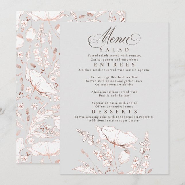 Invitation Menu Fleur sauvage gris et blanc Mariage (Devant / Derrière)