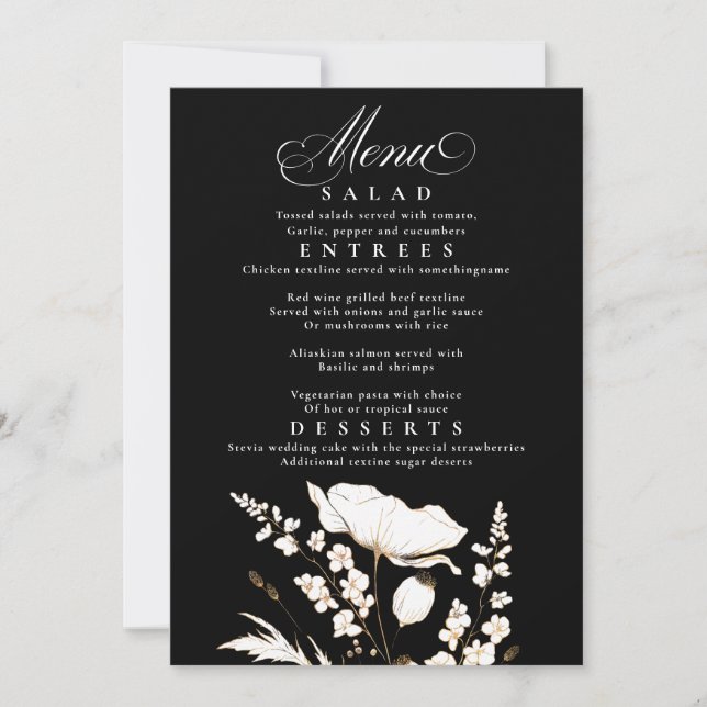 Invitation Menu Fleur sauvage noir et blanc Mariage (Devant)