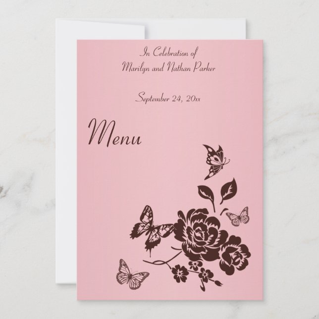 Invitation Menu Fleurs et papillons rose et Brown (Devant)
