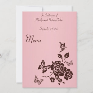 Invitation Menu Fleurs roses et brunes et papillons