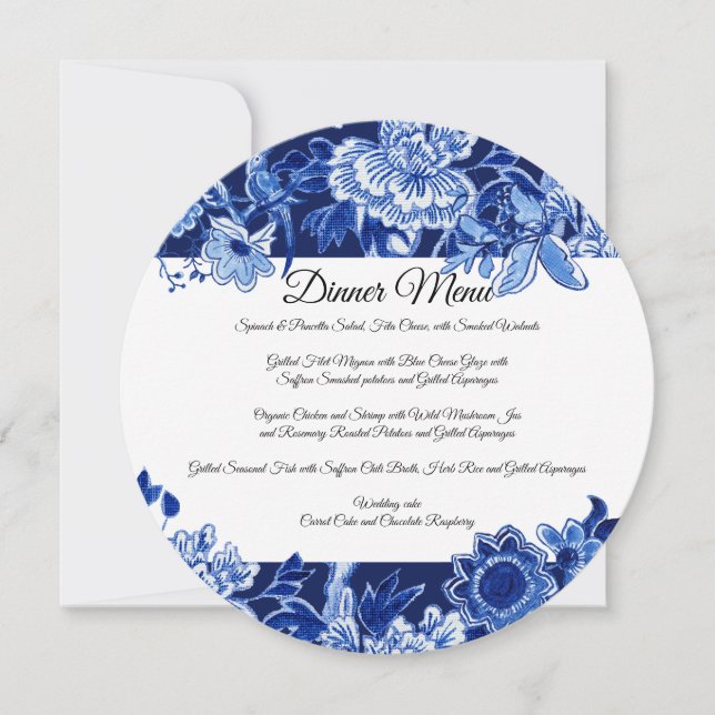 Invitation Menu Floral bleu de la marine chinoise asiatique (Devant)