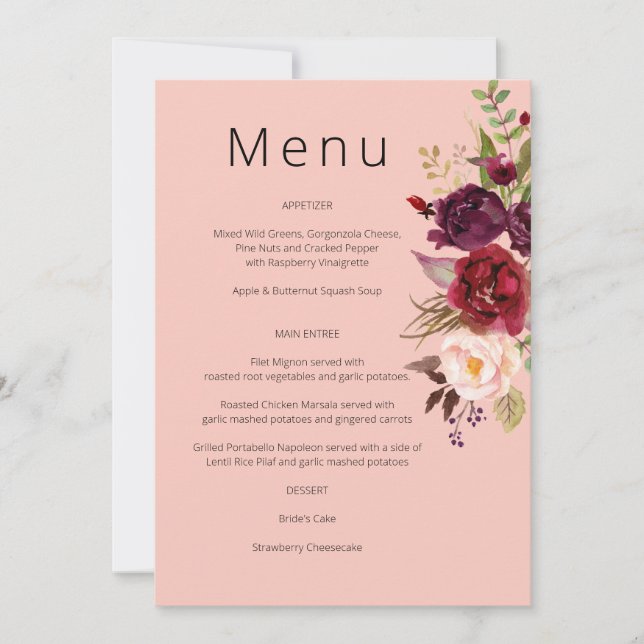 Invitation Menu Floral Marsala Bourgogne et Blush - Rose 2 (Devant)