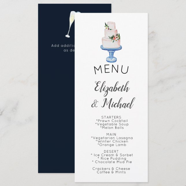 Invitation MENU Gâteau Mariage illustré double face (Devant / Derrière)