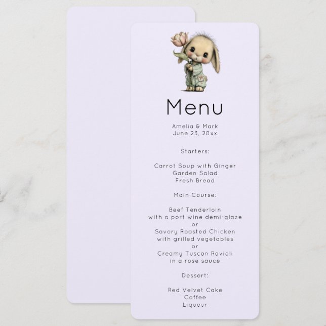 Invitation Menu Lapin Mignon Tenant une Tulipe (Devant / Derrière)