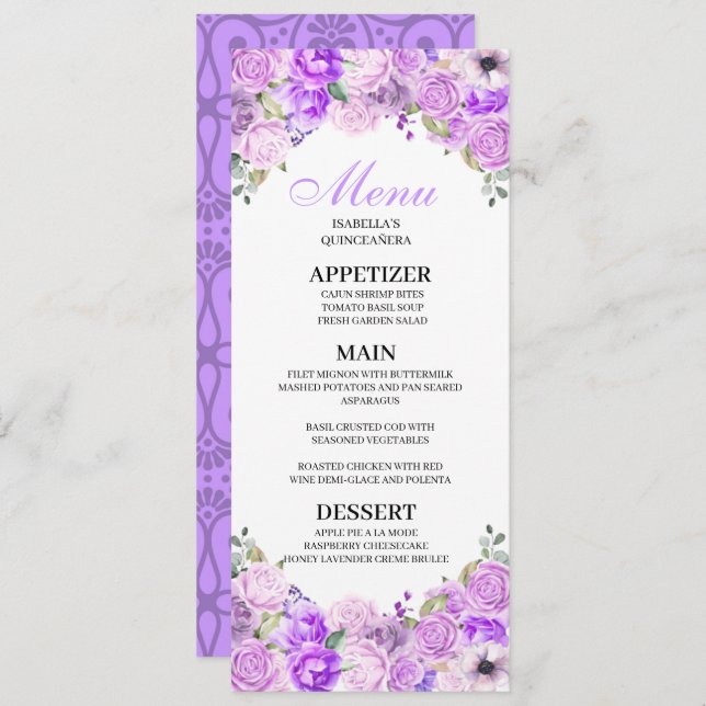 Invitation Menu Lilac Purple Floral Quinceanera (Devant / Derrière)