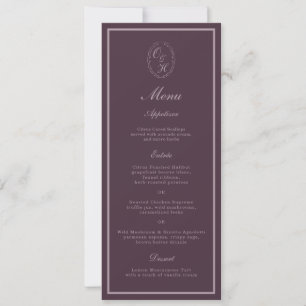 Invitation Menu long de mariage à monogramme en prune mauve