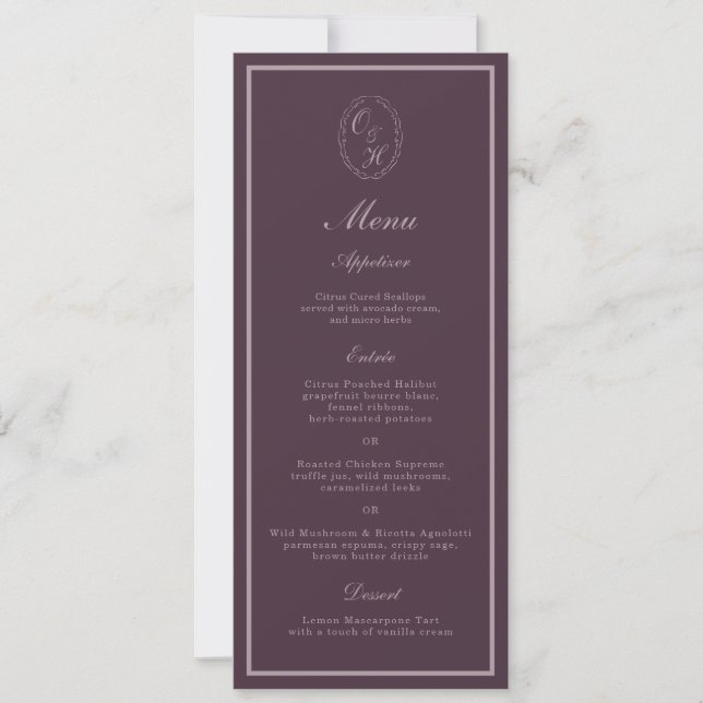 Invitation Menu long de mariage à monogramme en prune mauve (Devant)
