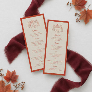 Invitation Menu long de mariage en terre cuite avec monogramm