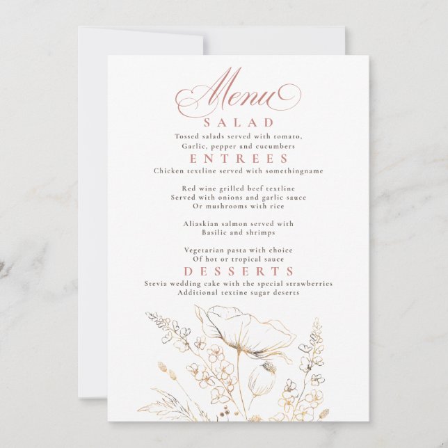Invitation Menu Mariage blanc Fleur sauvage d'or (Devant)