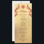 Invitation Menu Mariage chinois Red Cherry Blossom Gold<br><div class="desc">Des cerisiers rouges fleurissent et un double symbole rouge de bonheur sur un arrière - plan d'or. Avec des noms de mariée et de mariée personnalisés,  la date du mariage et un texte de menu personnalisé dans un script manuscrit classique. À l'arrière se trouvent les initiales à modifier.</div>