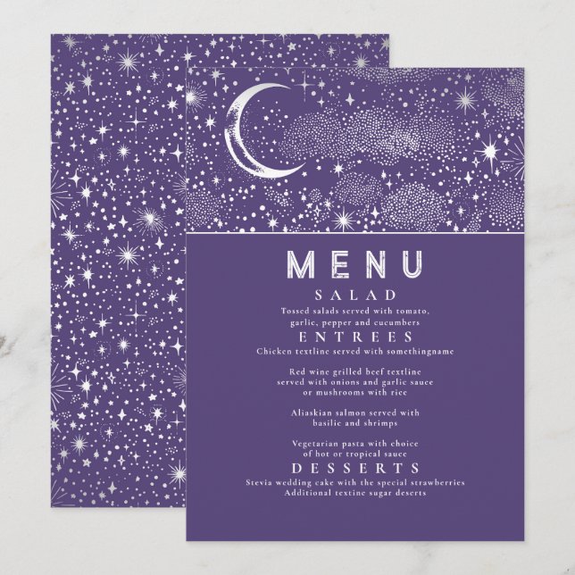 Invitation Menu Mariage de la Lune de nuit étoilée céleste (Devant / Derrière)