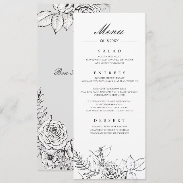 Invitation Menu Mariage Dîner Floral Moderne (Devant / Derrière)