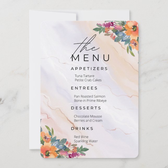 Invitation Menu mariage en bleu et orange floral (Devant)