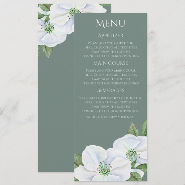 Invitation Menu Mariage Fleur de Pommier Blanc (Devant / Derrière)