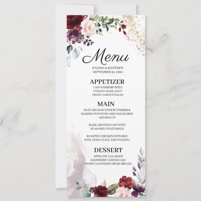 Invitation Menu Mariage Floral Bourgogne (Devant)