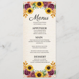 Invitation Menu Mariage floral tournesol d'automne
