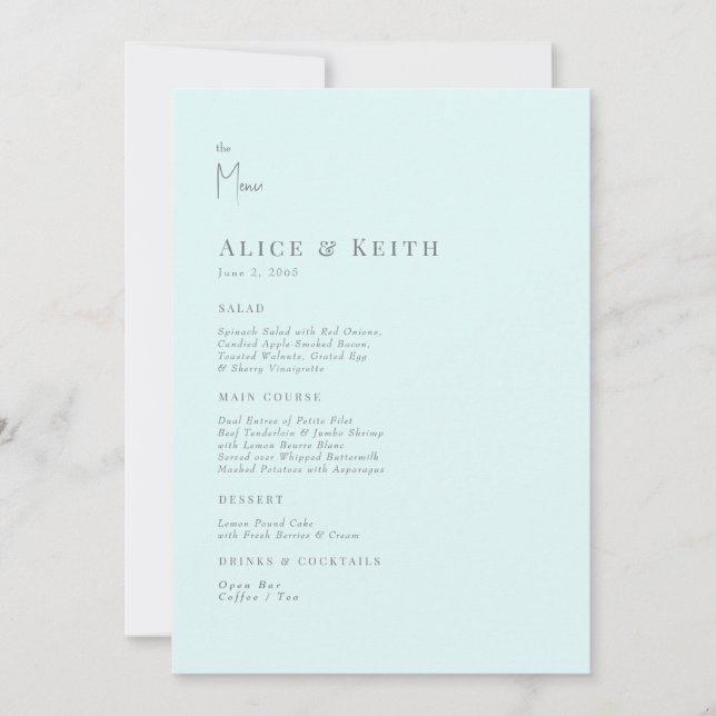 Invitation Menu Mariage moderne Seafoam (Devant)