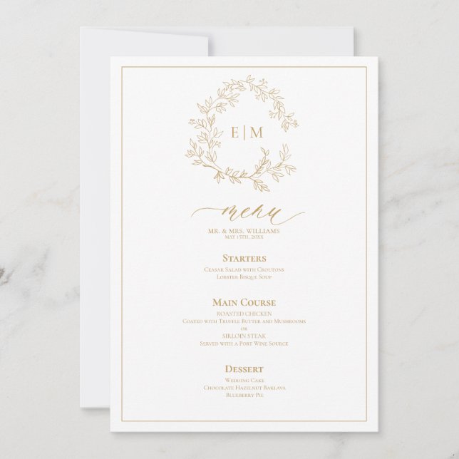 Invitation Menu Mariage Monogram Gold Leafy Crest (Devant)
