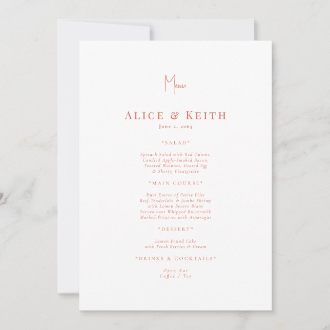 Invitation Menu Mariage orange et blanc (Devant)