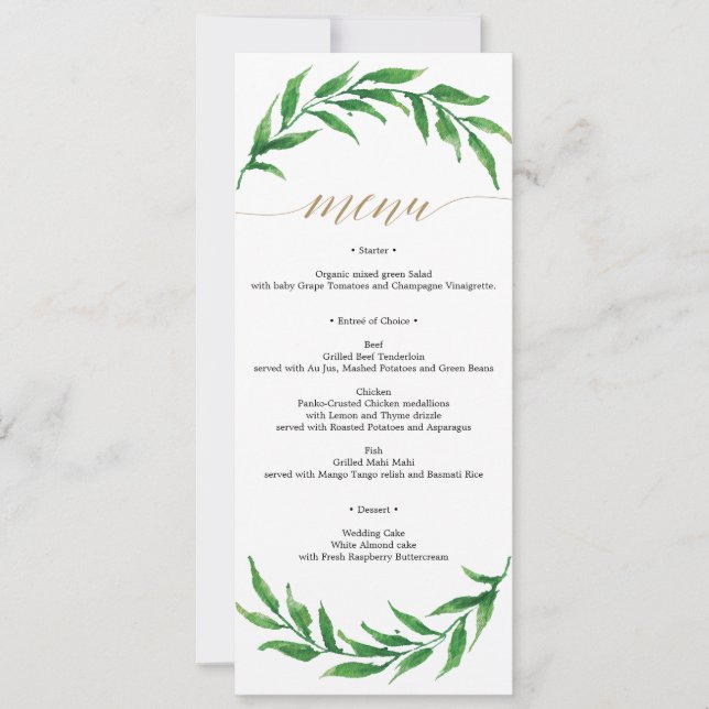 Invitation Menu Mariage ou menu Fête des mariées vert (Devant)