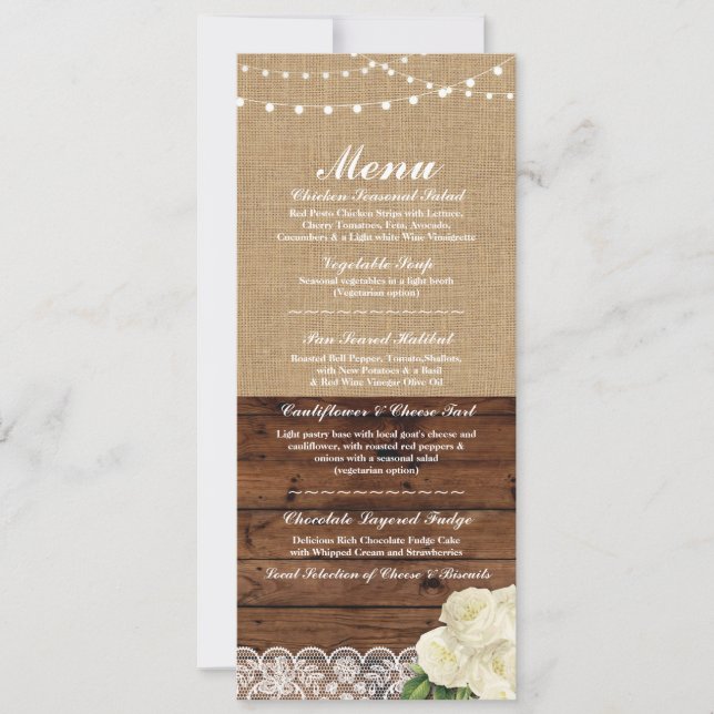 Invitation Menu Mariage Réception Rose Burlap Dentelle en boi (Devant)