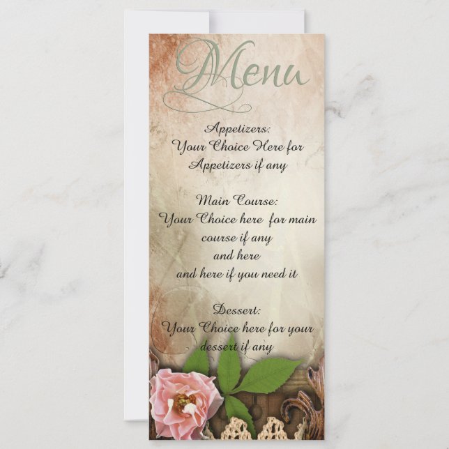 Invitation Menu Mariage Roses roses vintages (Devant)