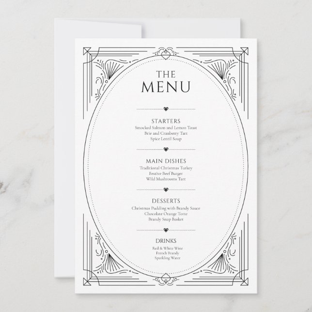 Invitation Menu mariage vintage noir et blanc classique (Devant)